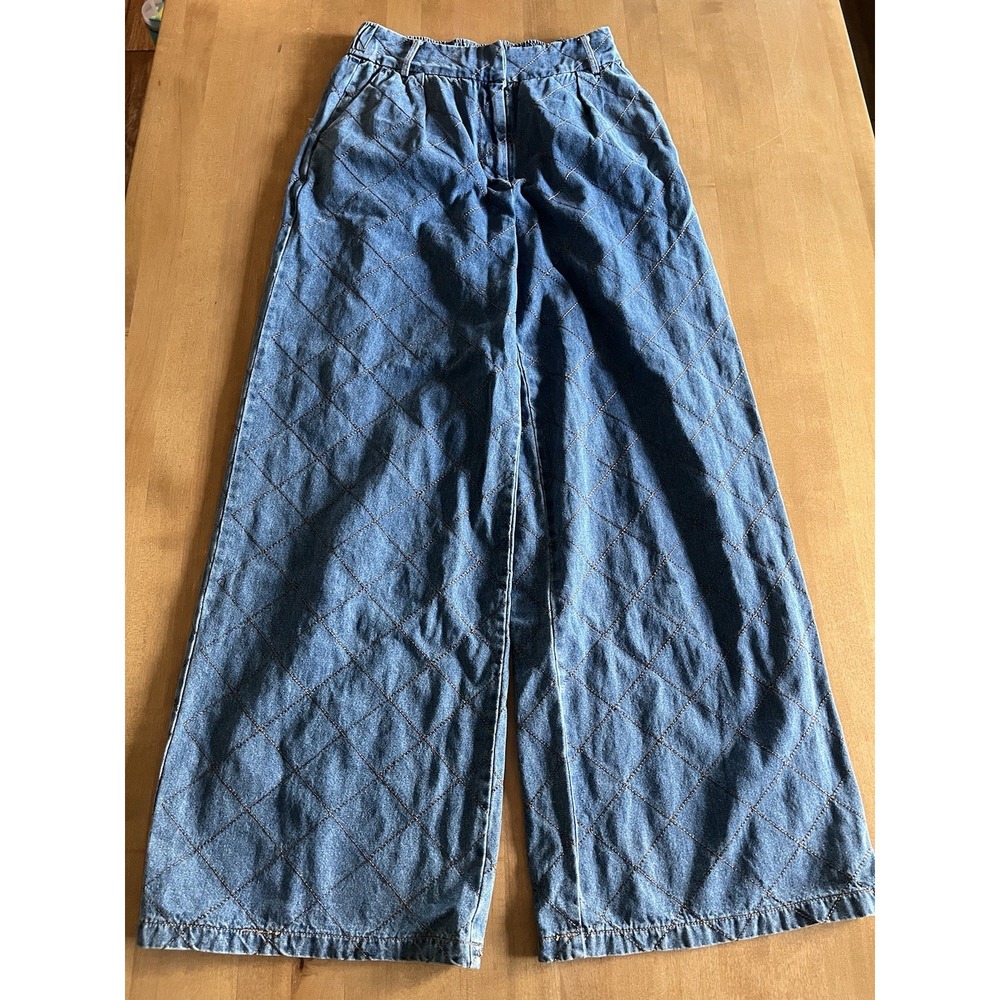 Entro Womens S Quilted Denim Wide Leg Pants Blue High Rise Elastic Waist Boho